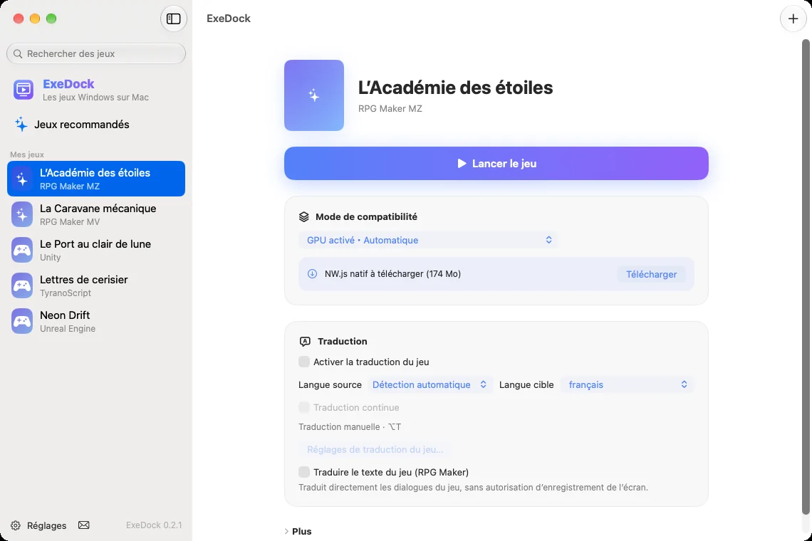 Page de jeu d’ExeDock : bouton Jouer et mode de compatibilité